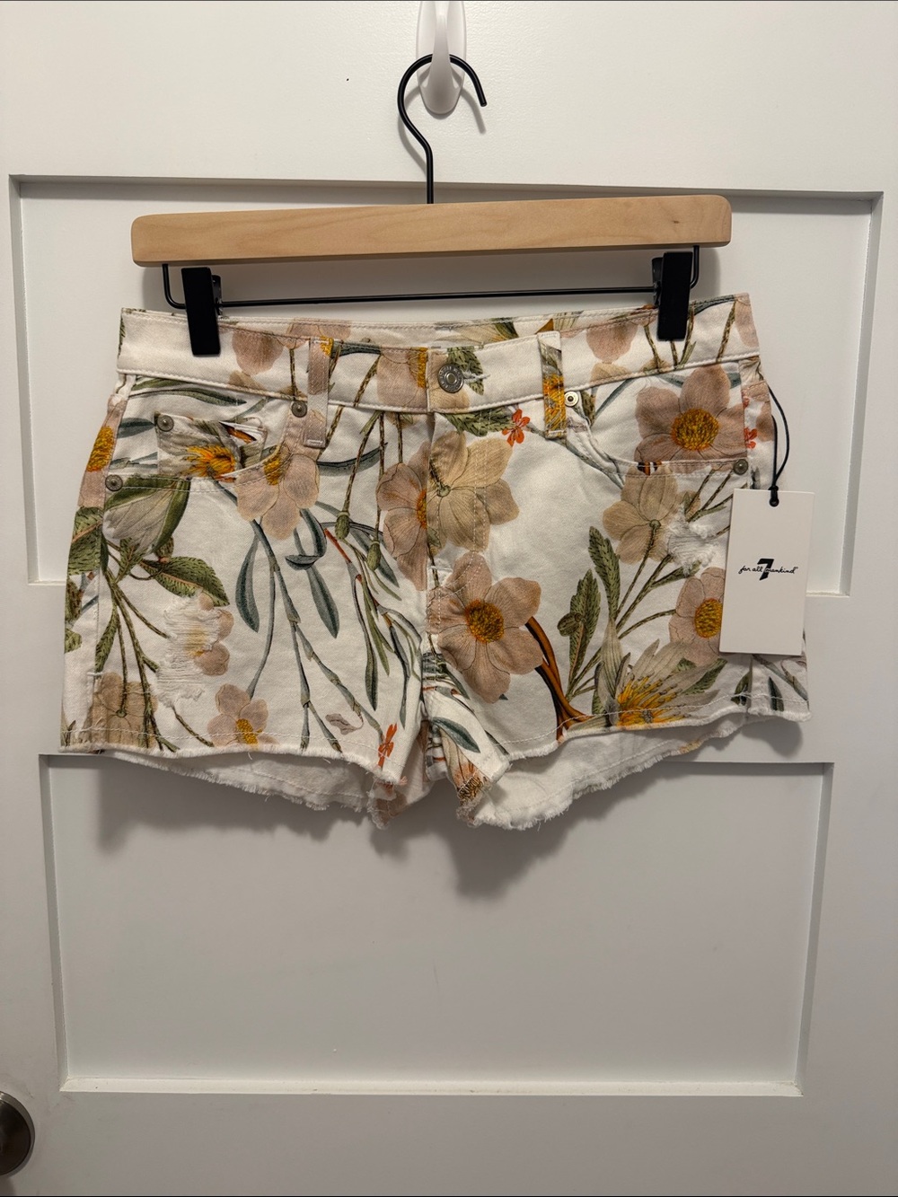 7 For All Mankind Floral Print Denim Shorts in Cream
